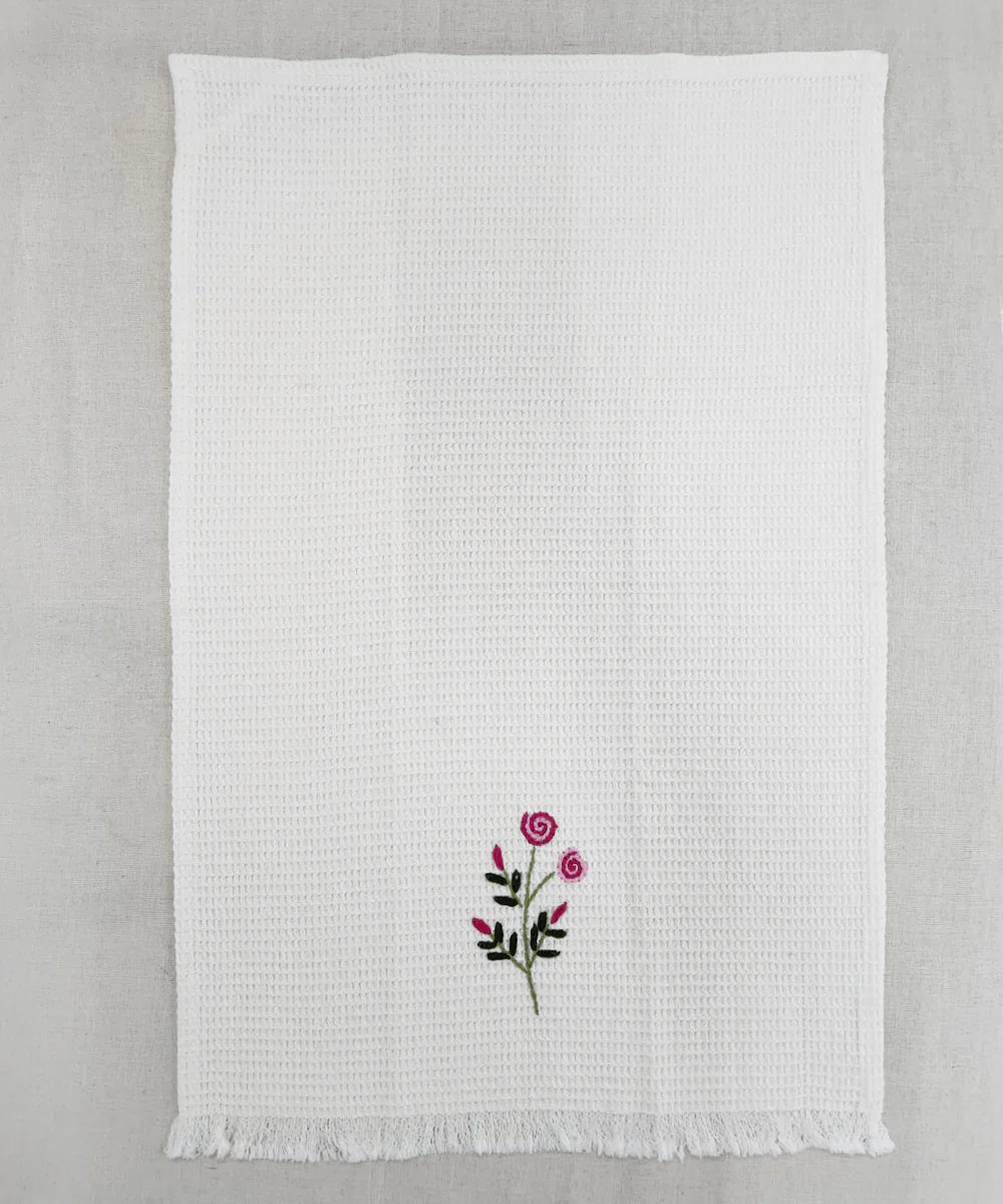 Embroidered 1 Pc Bath and 2 Pcs Hand Towel Set | Cotton Waffle Fabric | White | SHOBITAM