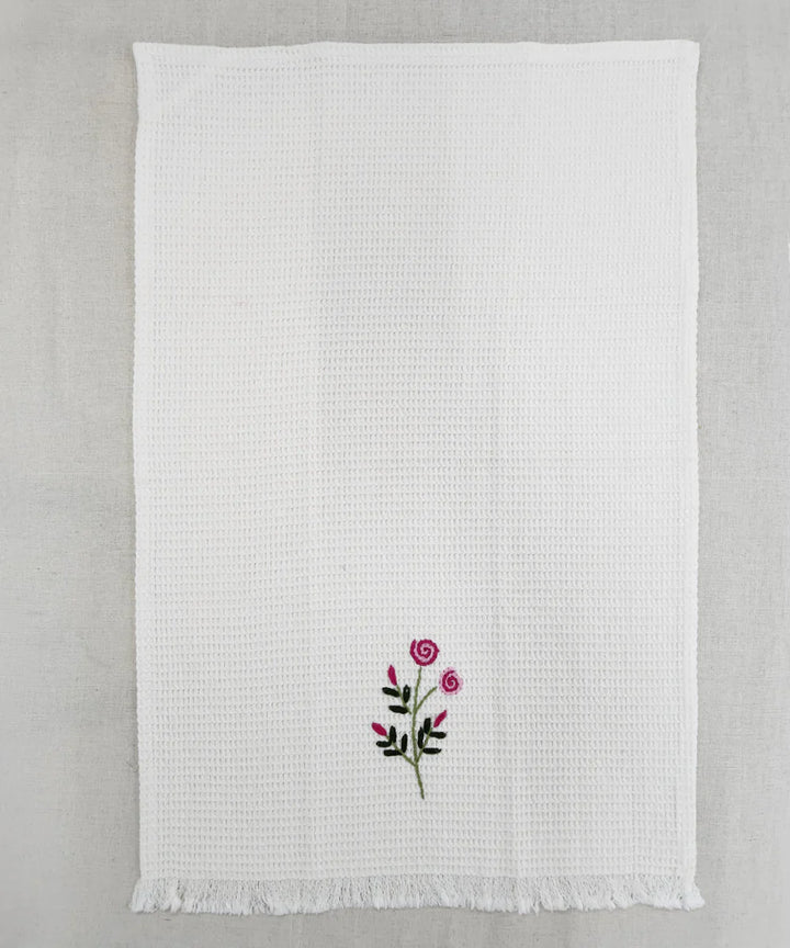 Embroidered 1 Pc Bath and 2 Pcs Hand Towel Set | Cotton Waffle Fabric | White | SHOBITAM