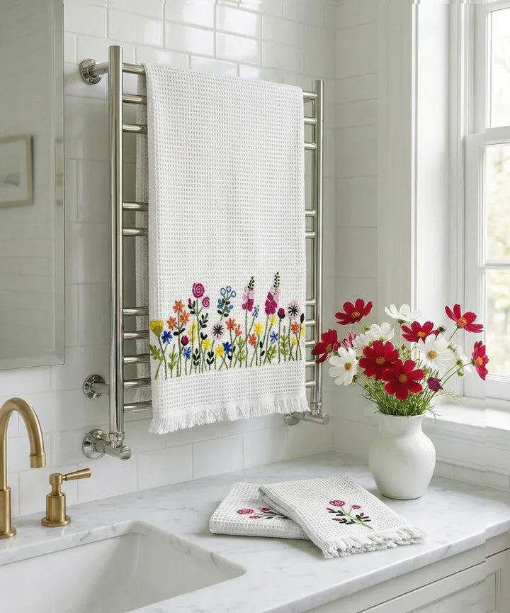 Embroidered 1 Pc Bath and 2 Pcs Hand Towel Set | Cotton Waffle Fabric | White | SHOBITAM