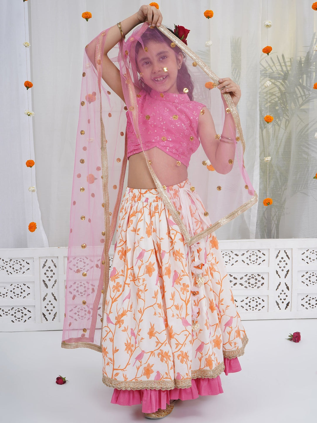 Girls Bird and Floral Embroidery Lehenga Set | SHOBITAM