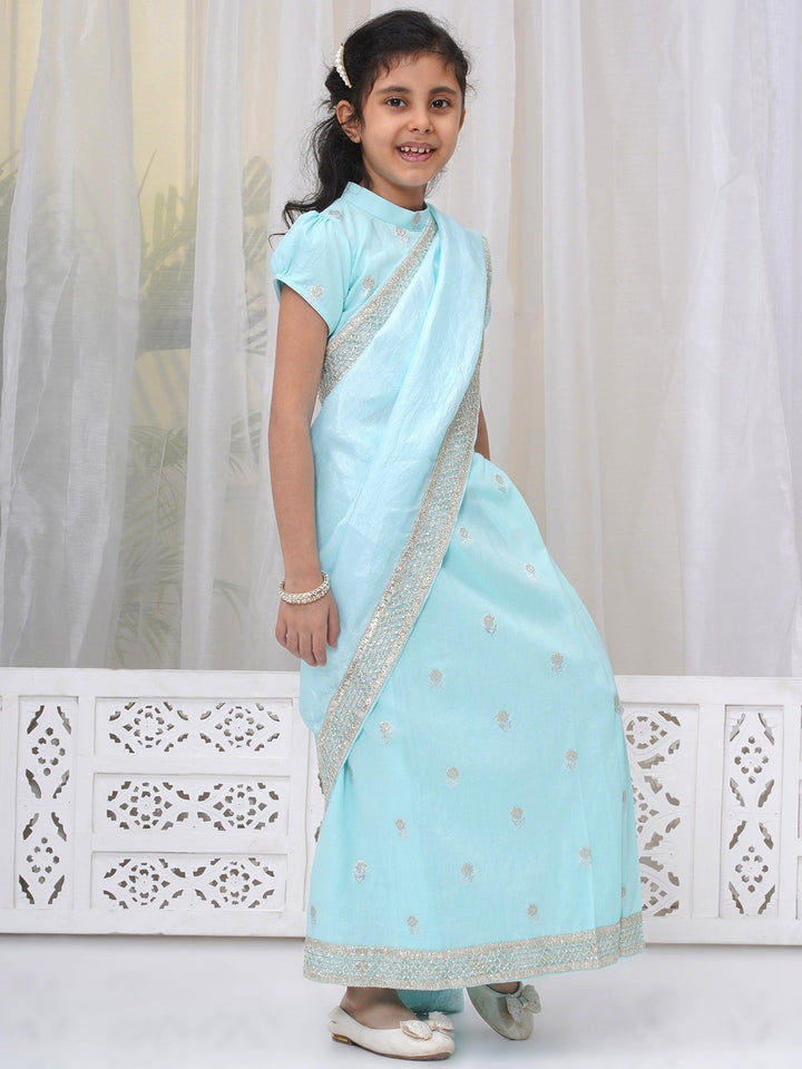 Girls Cotton Puff Sleeves Rose Embroidery Ready to wear Blouse with Ready to wear Chanderi Saree - Sky Blue | SHOBITAM
