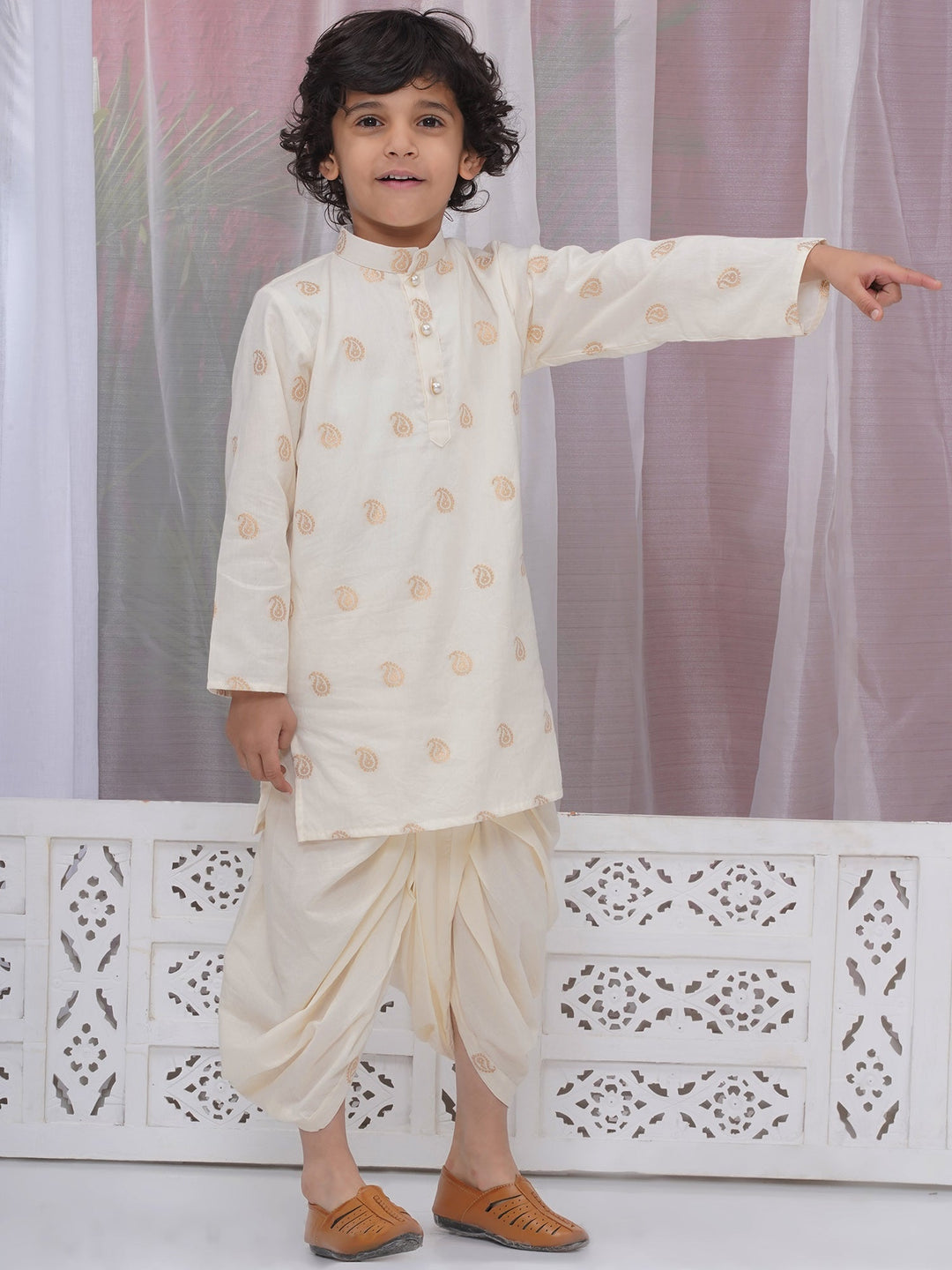 Boys Cotton Full Sleeves Kurta and Dhoti with Golden Paisley Zari Work- Cream | SHOBITAM