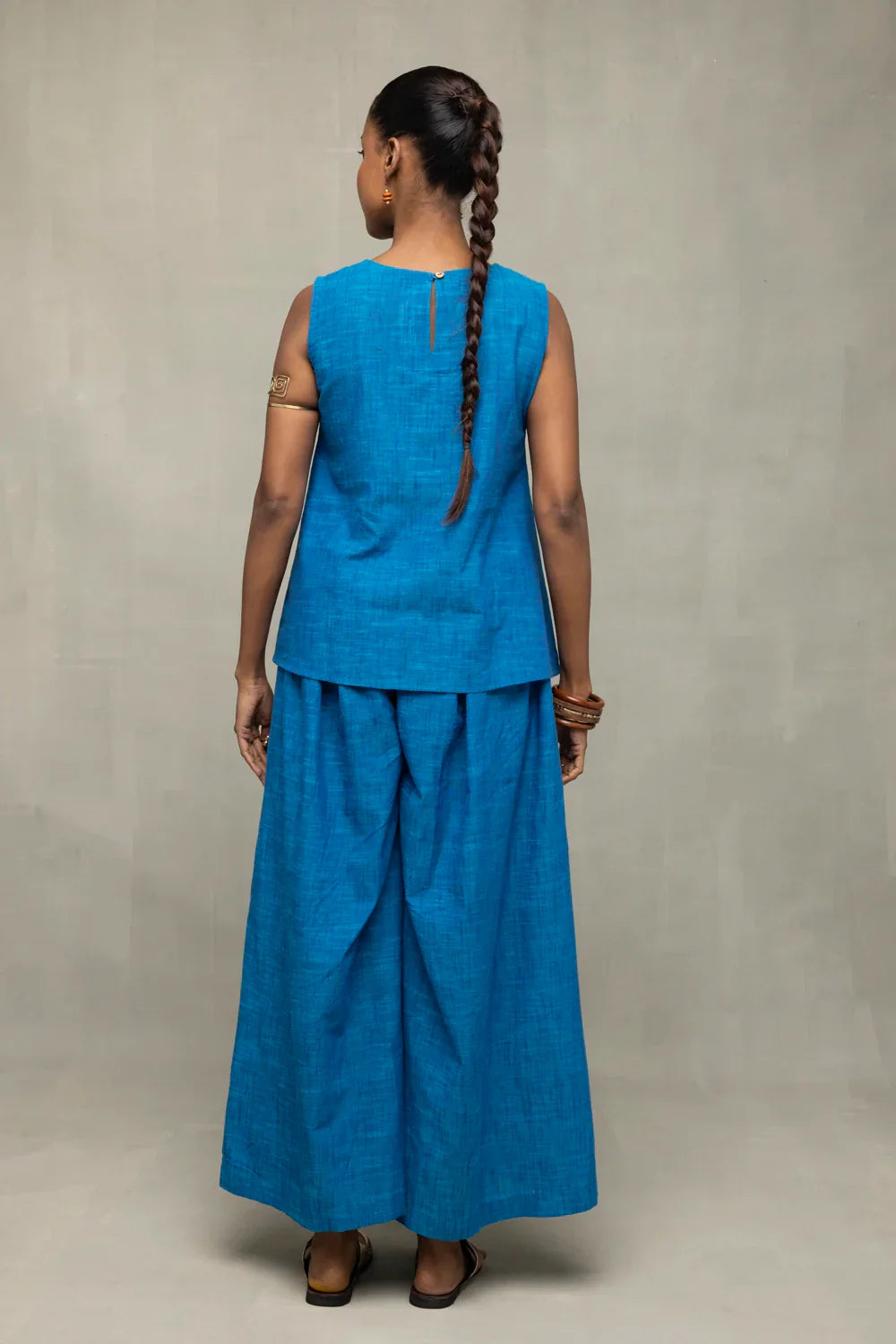 Azure Blue Textured Co-Ord Set with Sleeveless Top & Wide-Leg Pants | SHOBITAM