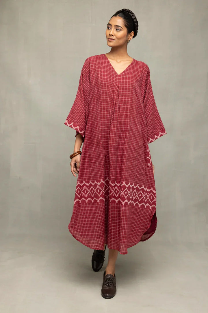 Crimson Checkered Jamdani Kaftan Dress | SHOBITAM