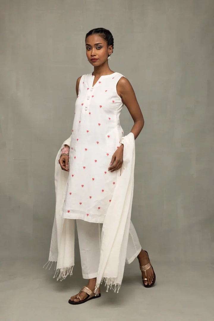 Ivory & Red Hearts South Cotton Co-Ord Set | SHOBITAM