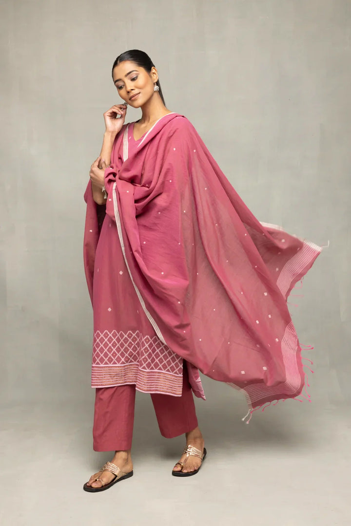 Dusty Rose Cross Motifs Jamdani Kurta Set With Dupatta | SHOBITAM