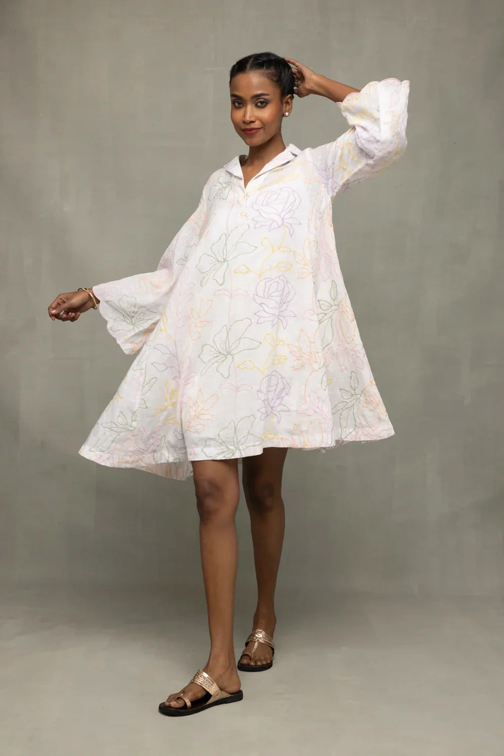 White Pastel Embriodered Pure Cotton Dress | SHOBITAM