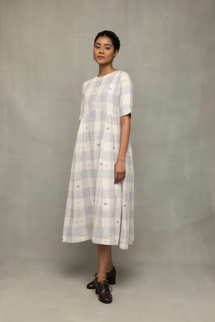 Ivory & Blue Checkered Jamdani Dress | SHOBITAM