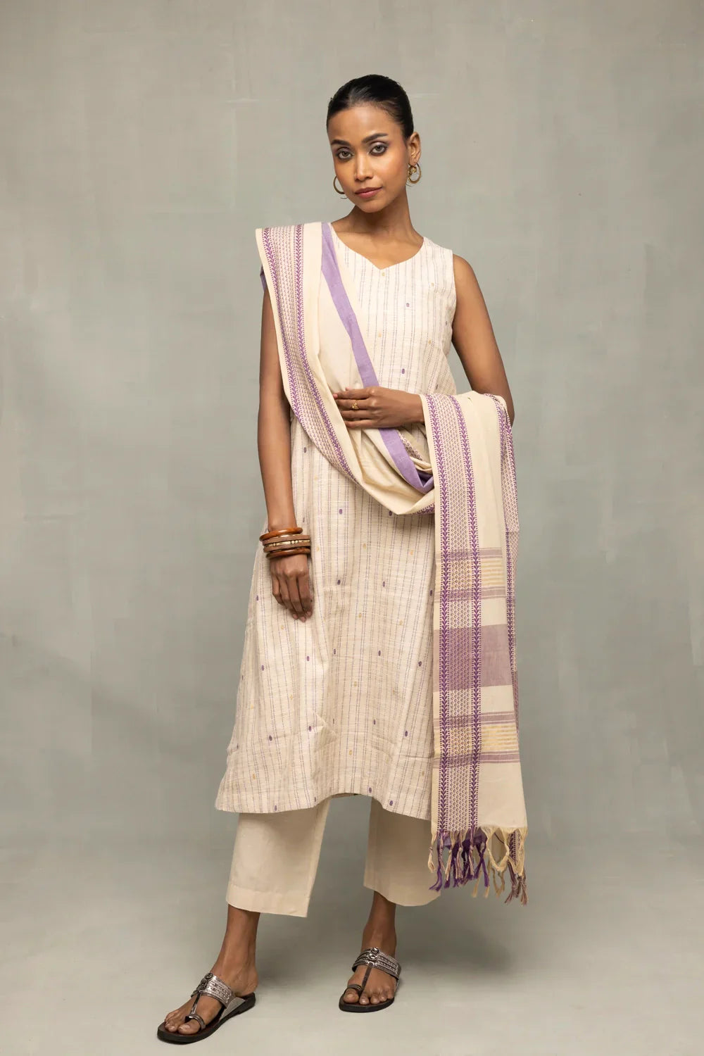 Cream and Mauve South Cotton Zari Kurta Set with Dupatta | SHOBITAM