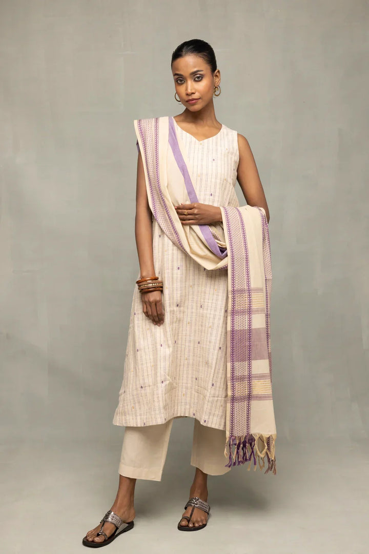 Cream and Mauve South Cotton Zari Kurta Set with Dupatta | SHOBITAM