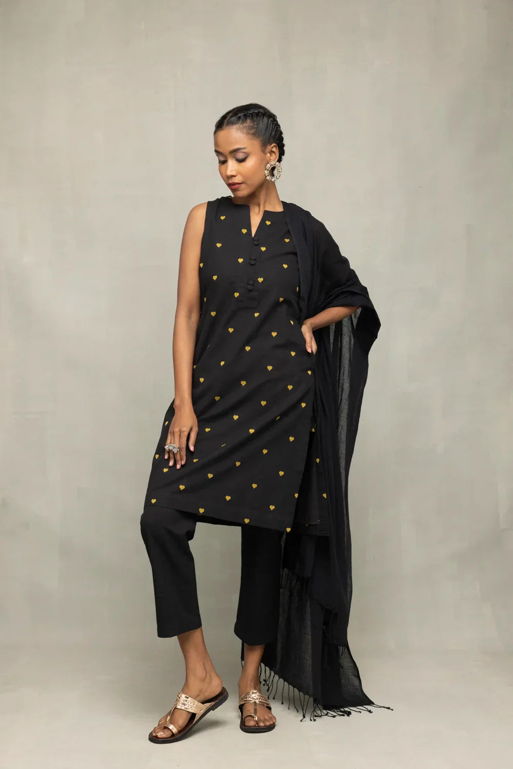 Black & Yellow Hearts South Cotton Kurta Set With Dupatta | SHOBITAM