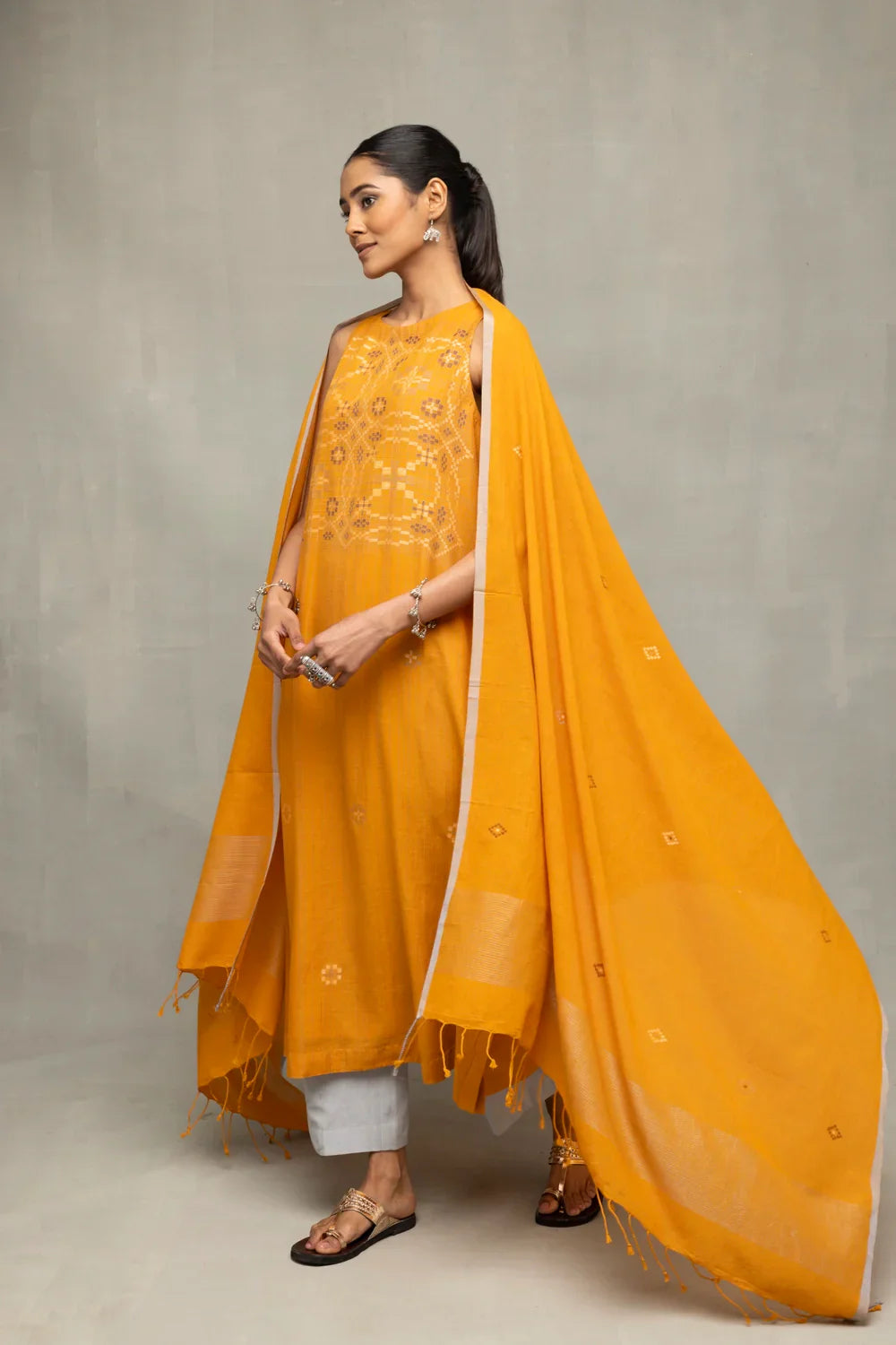 Mustard & Moonlight Jamdani Kurta Set with Dupatta | SHOBITAM