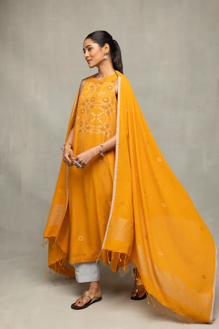 Mustard & Moonlight Jamdani Kurta Set with Dupatta | SHOBITAM