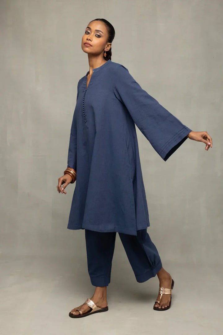 Muted Navy Blue Minimalist Kala Cotton Co-Ord Set | SHOBITAM