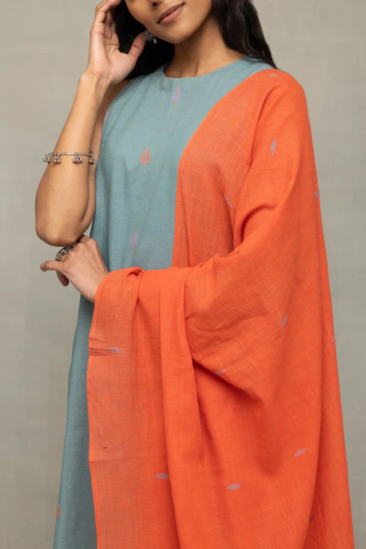 Zen Blue Straight Fit Jamdani Kurta Set with Tangerine Leaf Motif Dupatta | SHOBITAM