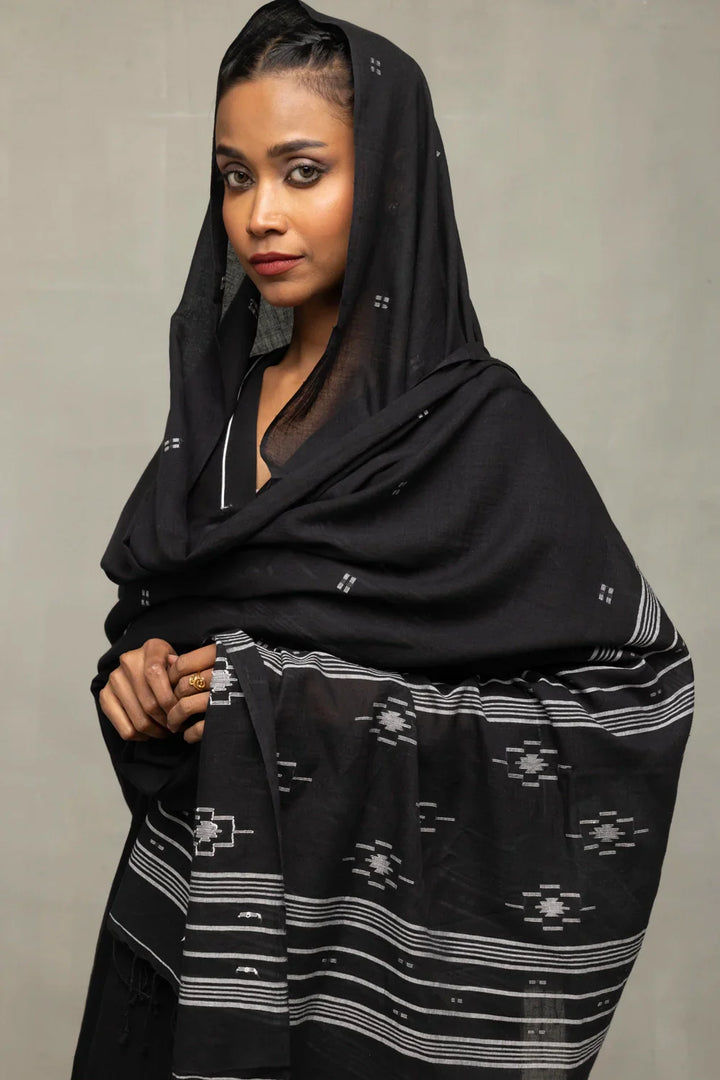 Black Bengal Cotton Kurta Set With Jamdani Dupatta | SHOBITAM