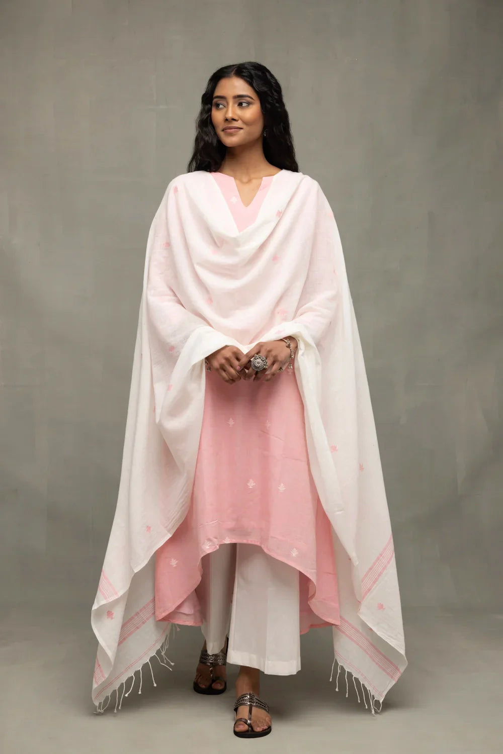Petal Pink Handwoven Jamdani Kurta Set with Dupatta | SHOBITAM