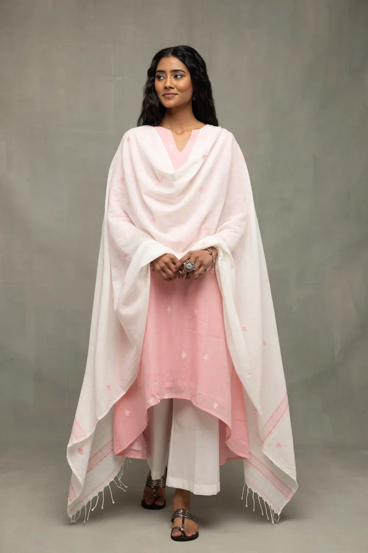Petal Pink Handwoven Jamdani Kurta Set with Dupatta | SHOBITAM
