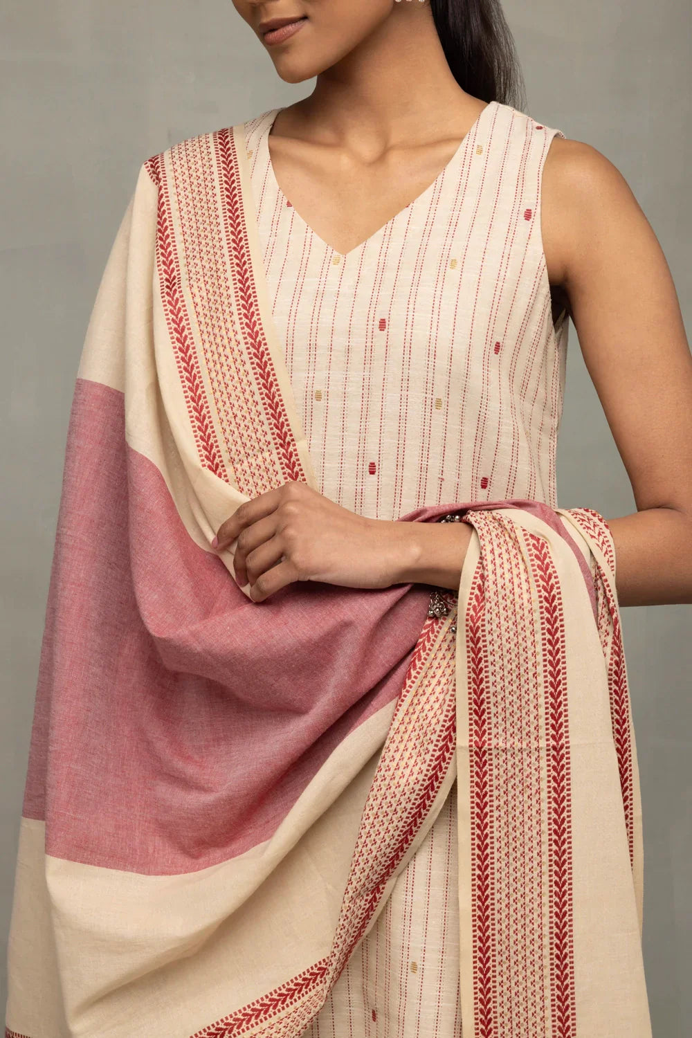 Cream and Pink South Cotton Zari Kurta Set With Dupatta