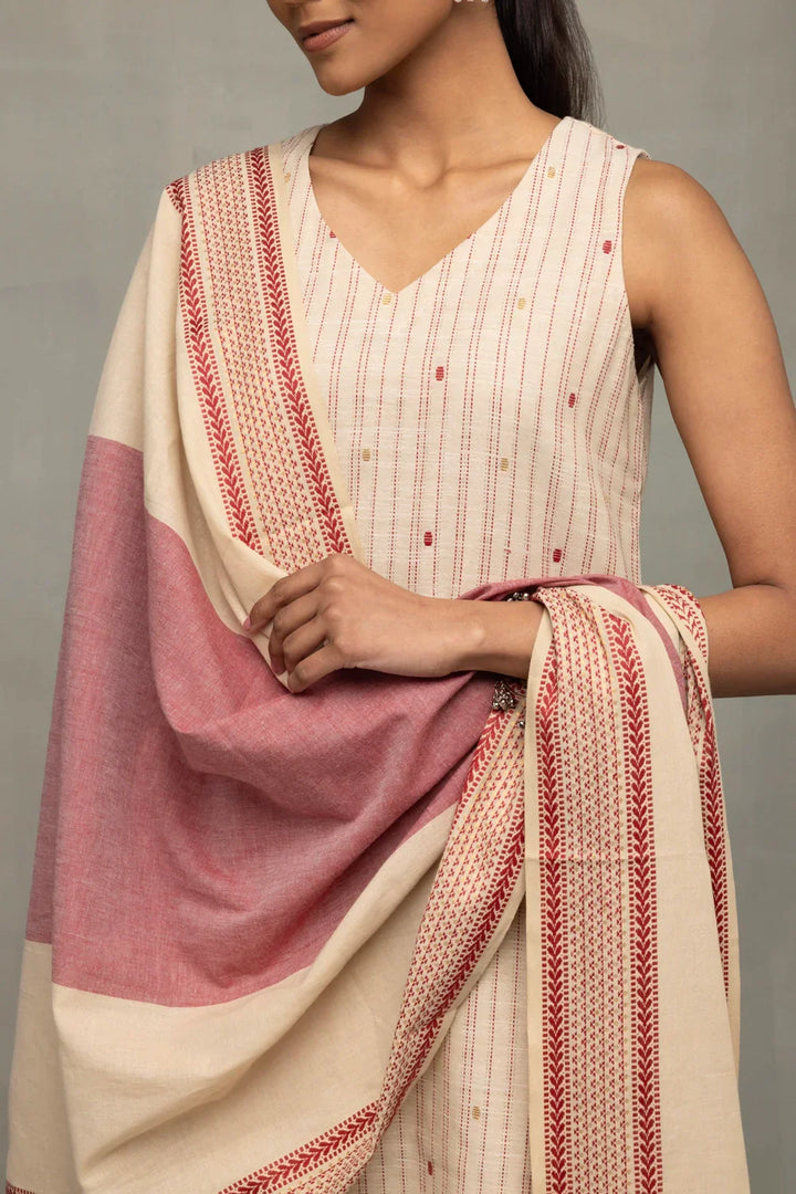 Cream and Pink South Cotton Zari Kurta Set With Dupatta