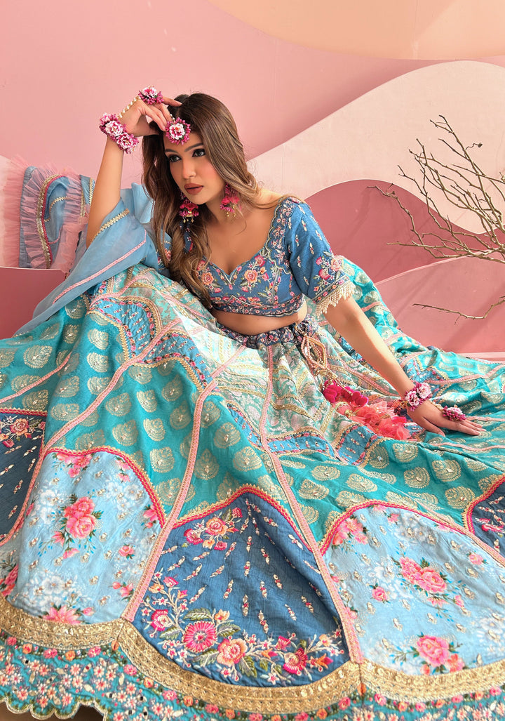 Shades of Blue Jacquard Lehenga Set with embroidery and can-can, Customizable, Made to order