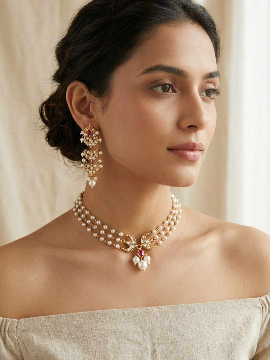 Polki Kundan Pearl Layered Chand Necklace Set | SHOBITAM