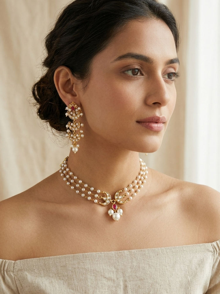 Polki Kundan Pearl Layered Chand Necklace Set | SHOBITAM
