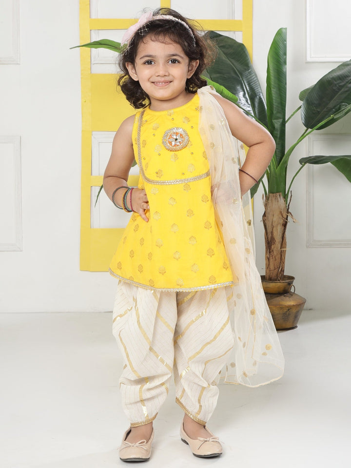 Yellow Cream Floral Zari Embroidery Cotton Kurta Salwar Set with Dupatta | SHOBITAM
