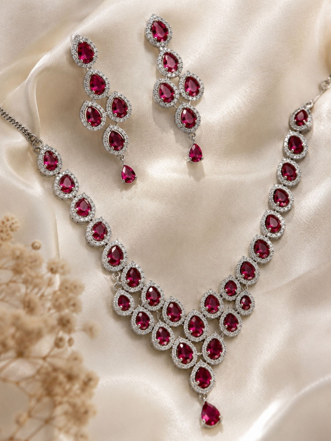 Silver Tone Cz Ruby Necklace Set Elegant Glam | SHOBITAM
