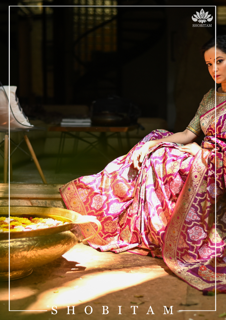 Authentic Kadhuwa Jungla Multi-color Meenakari Jaal Banarasi Silk Saree in Plum with Grand Pallu and Zari  | SILK MARK CERTIFIED