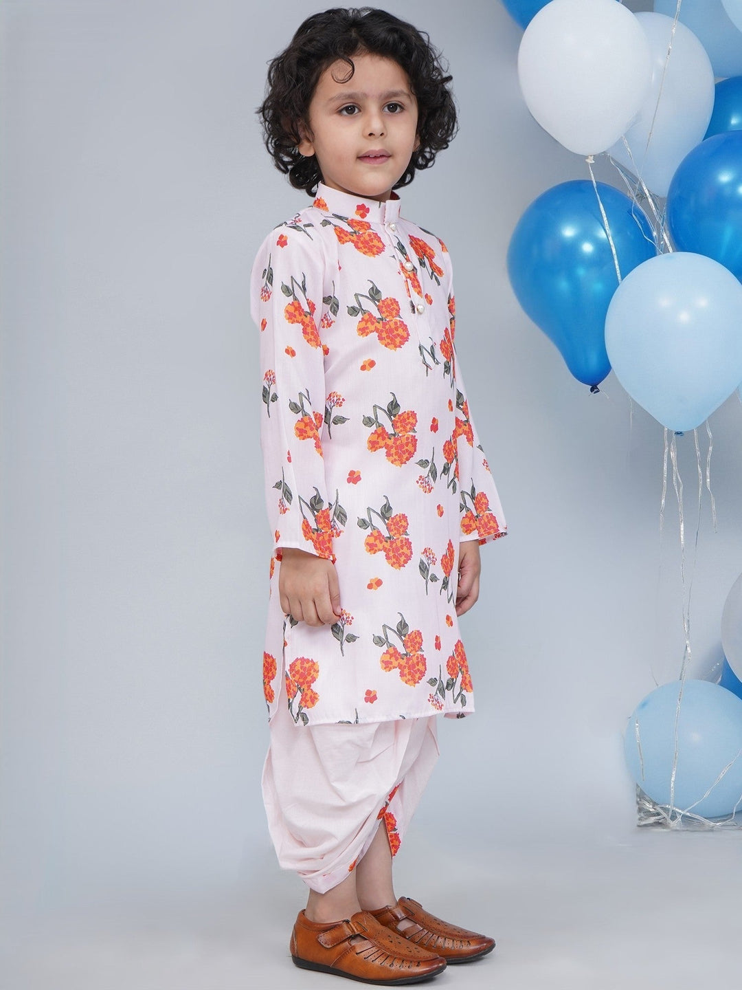 Boys Baby Pink Muslin Marigold Dhoti Kurta Set | SHOBITAM