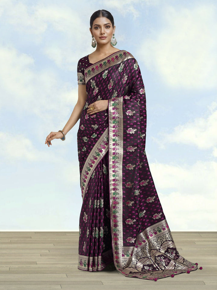 Wine With Gold Bordar Banarasi Satin Zari Woven Saree | SHOBITAM
