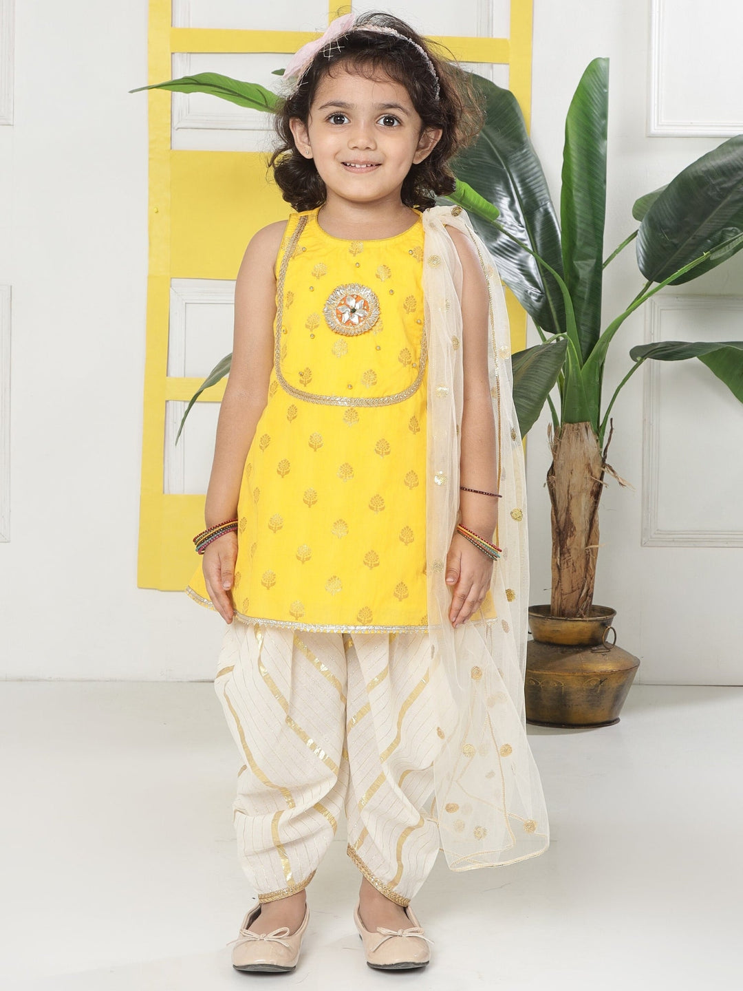 Yellow Cream Floral Zari Embroidery Cotton Kurta Salwar Set with Dupatta | SHOBITAM