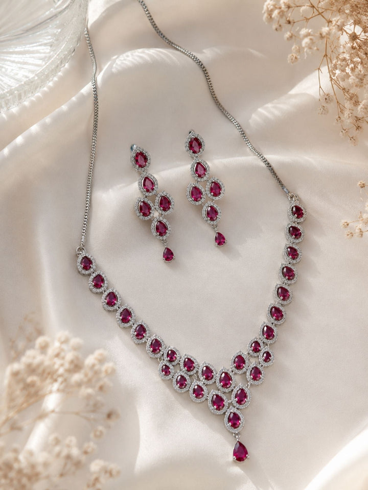 Silver Tone Cz Ruby Necklace Set Elegant Glam | SHOBITAM