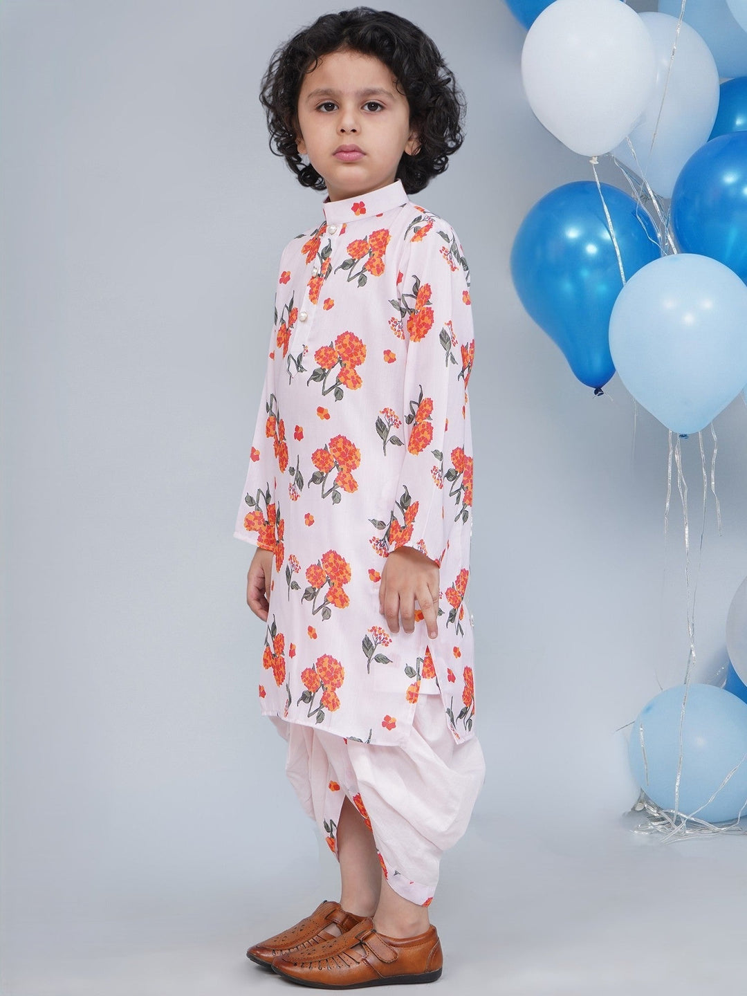 Boys Baby Pink Muslin Marigold Dhoti Kurta Set | SHOBITAM