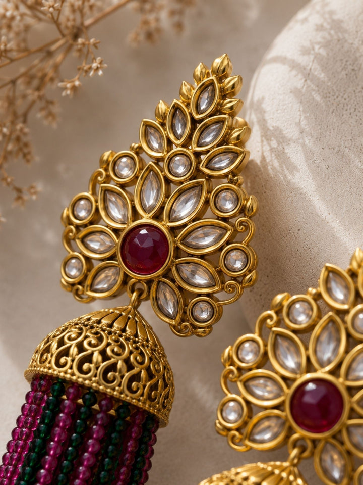 Traditional Pink Green Beaded Jhumka Earrings – Kundan Tassel Statement Earrings | SHOBITAM