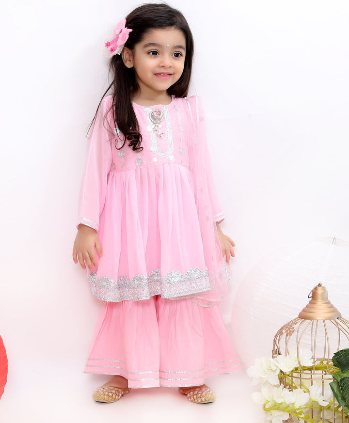 Pink Embroidery Kurta Set with Sharara | SHOBITAM