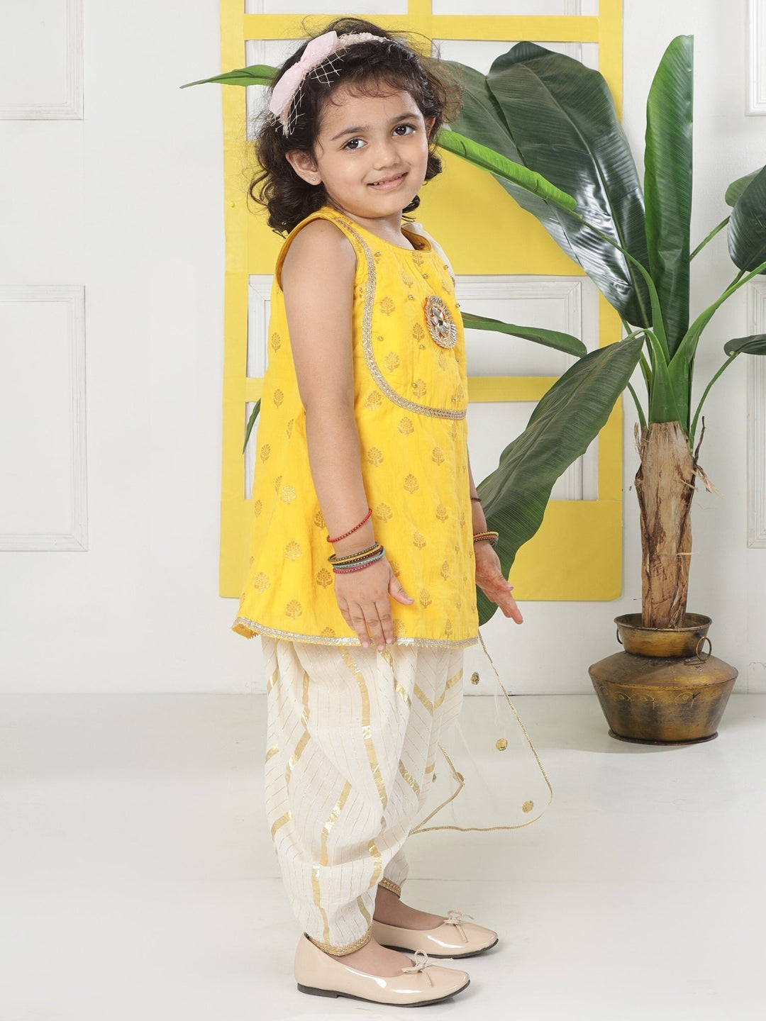 Yellow Cream Floral Zari Embroidery Cotton Kurta Salwar Set with Dupatta | SHOBITAM