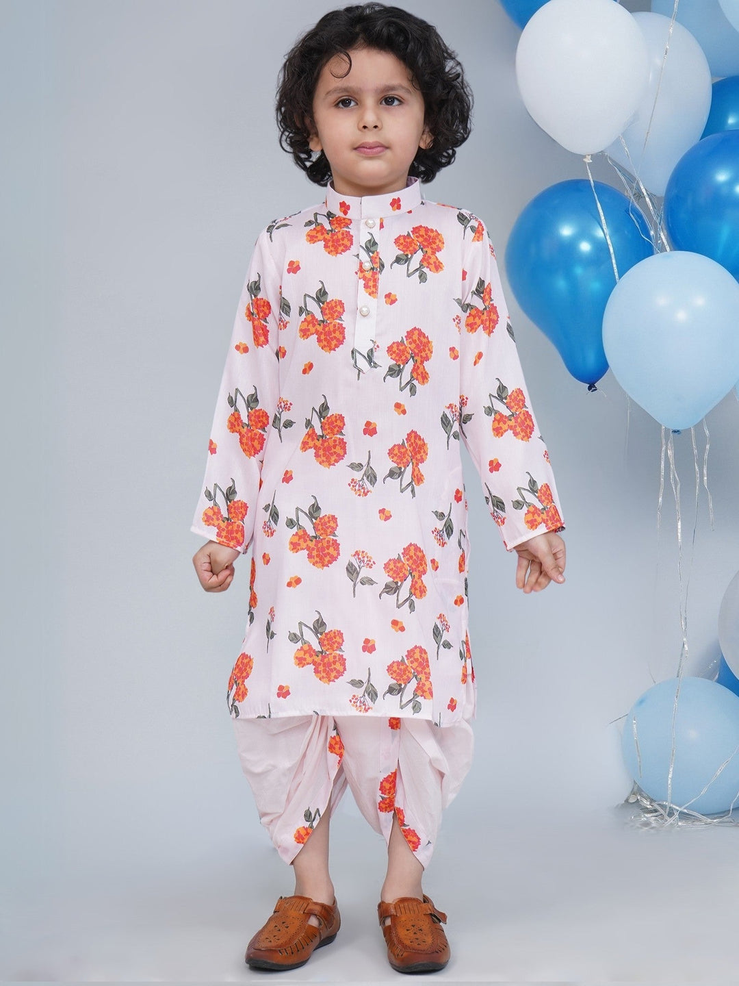 Boys Baby Pink Muslin Marigold Dhoti Kurta Set | SHOBITAM