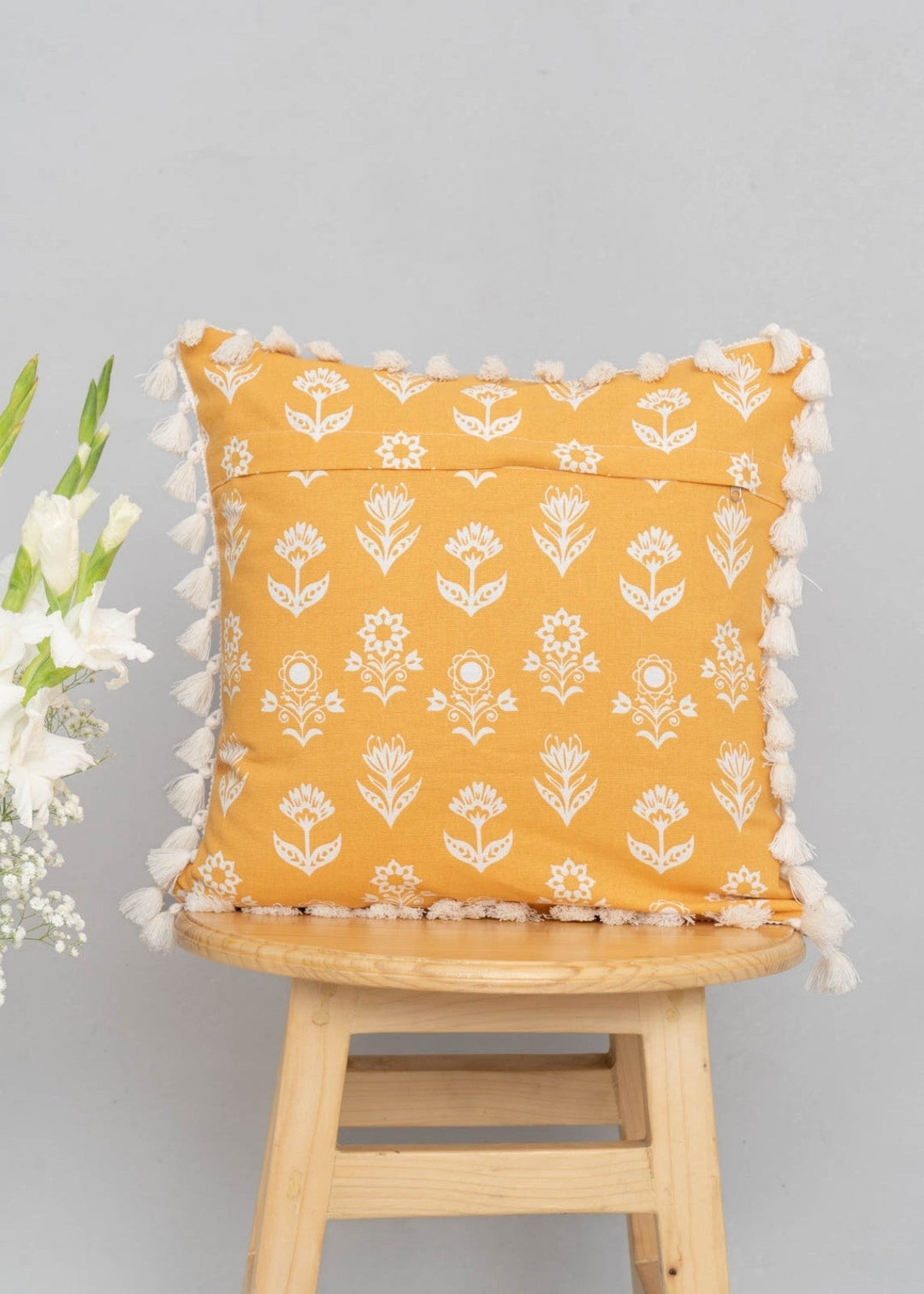 Dahlia Mustard Floral Printed Cushion Cover for Sofa with Tassels – 100% Cotton | SHOBITAM