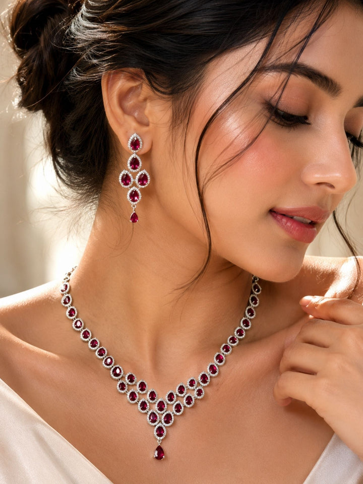 Silver Tone Cz Ruby Necklace Set Elegant Glam | SHOBITAM