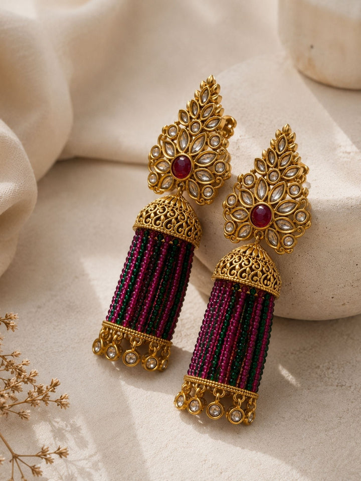 Traditional Pink Green Beaded Jhumka Earrings – Kundan Tassel Statement Earrings | SHOBITAM