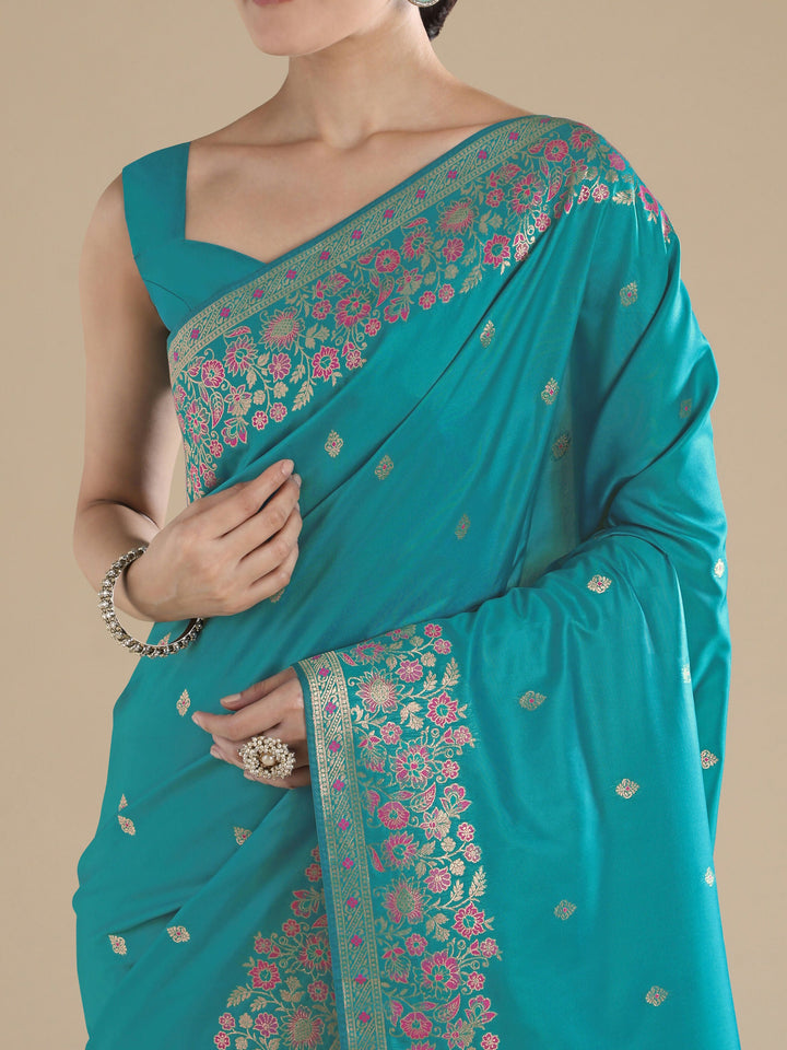 Turquoise Semi Banarasi Satin silk Saree With Zari Border And Butti Work | SHOBITAM