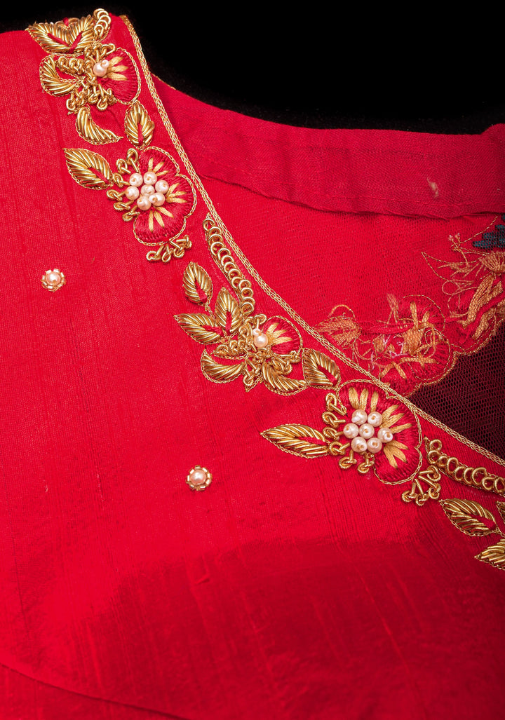 Red Pure Raw silk with Zardosi handwork Peacock design on Net Back and Sleeves