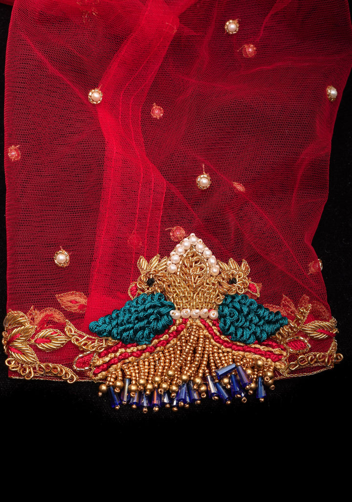 Red Pure Raw silk with Zardosi handwork Peacock design on Net Back and Sleeves