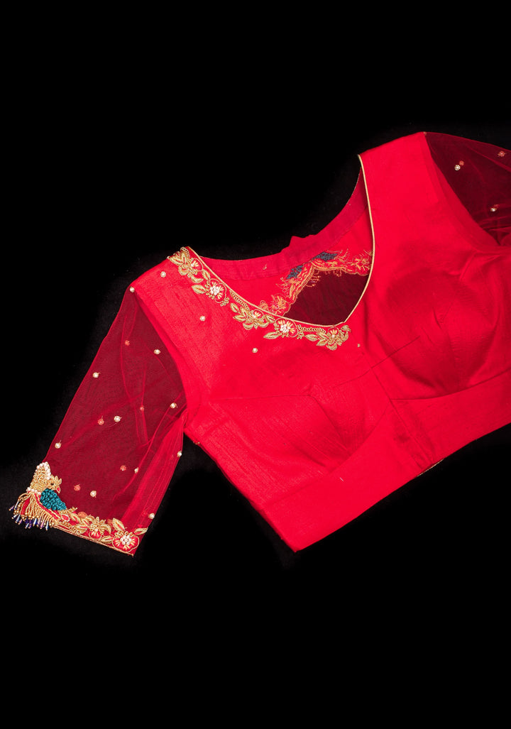 Red Pure Raw silk with Zardosi handwork Peacock design on Net Back and Sleeves