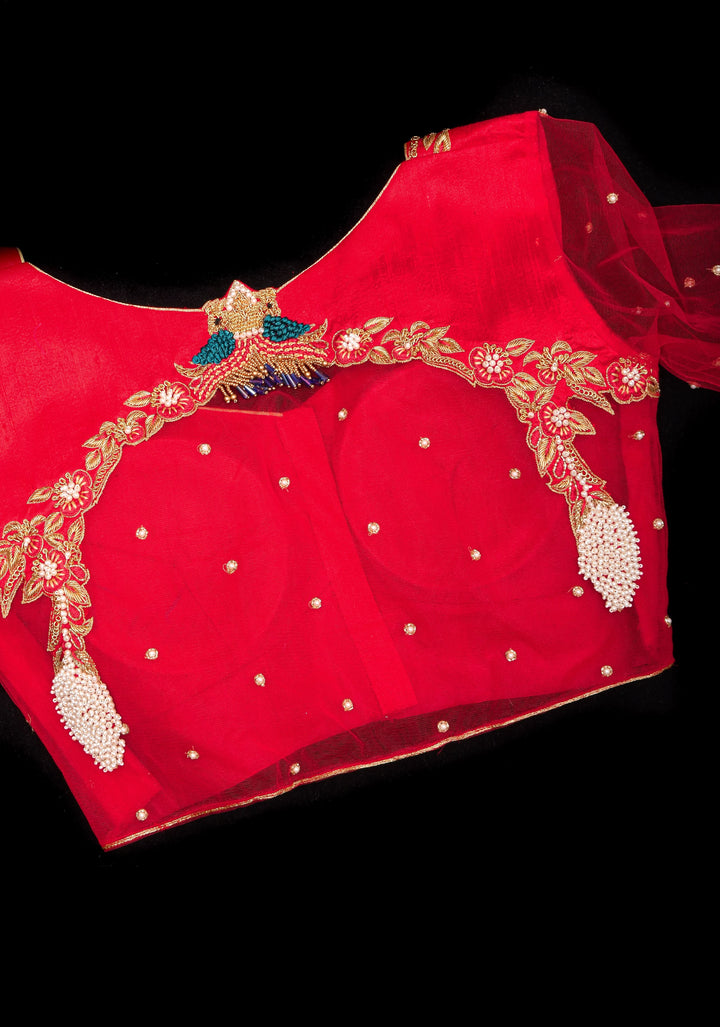 Red Pure Raw silk with Zardosi handwork Peacock design on Net Back and Sleeves