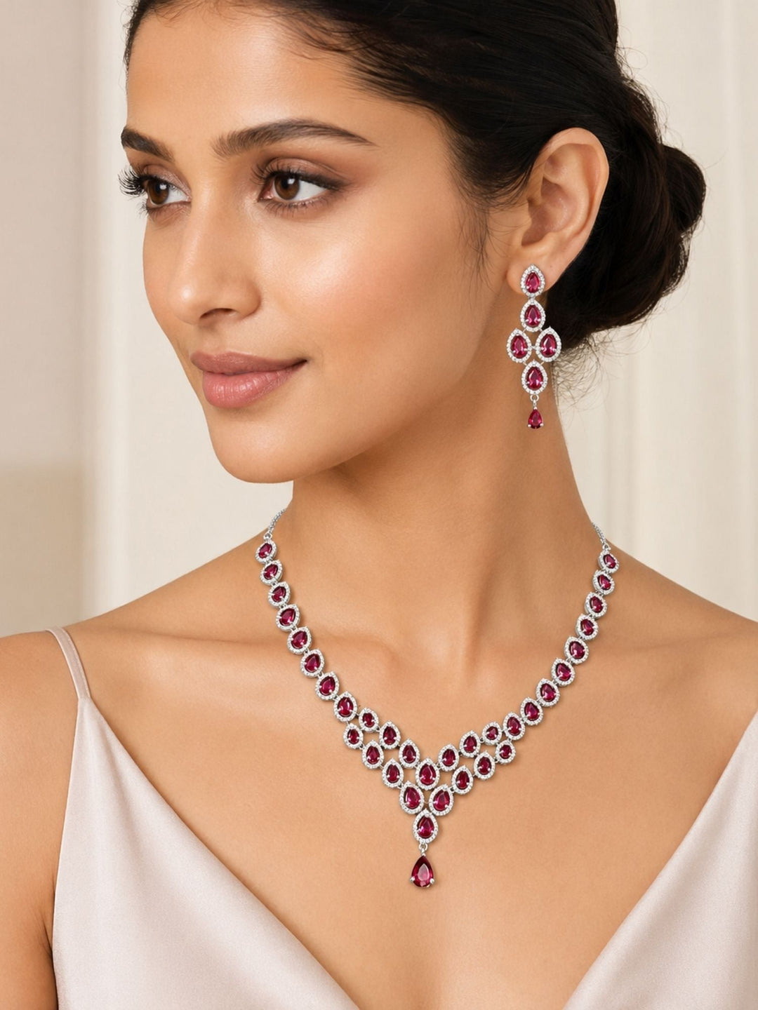 Silver Tone Cz Ruby Necklace Set Elegant Glam | SHOBITAM