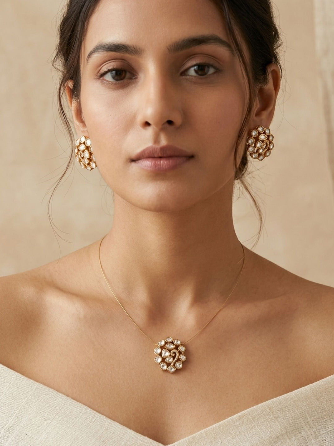Minimal Gold Plated Necklace with Kundan Pendant & Stud Earrings Set | Shobitam