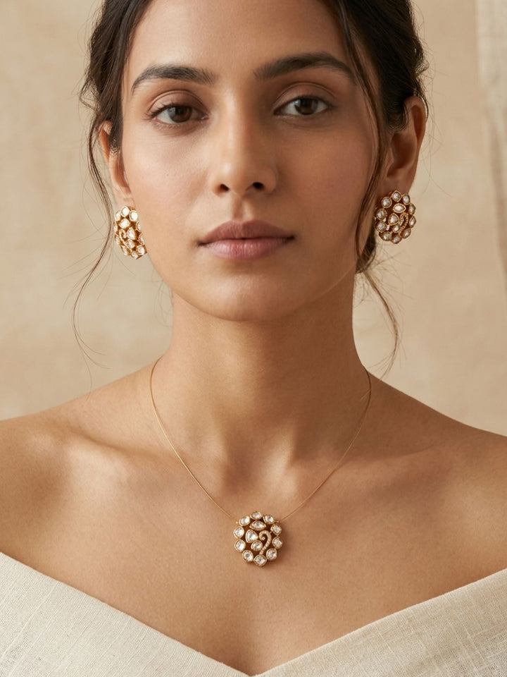 Minimal Gold Plated Necklace with Kundan Pendant & Stud Earrings Set | Shobitam